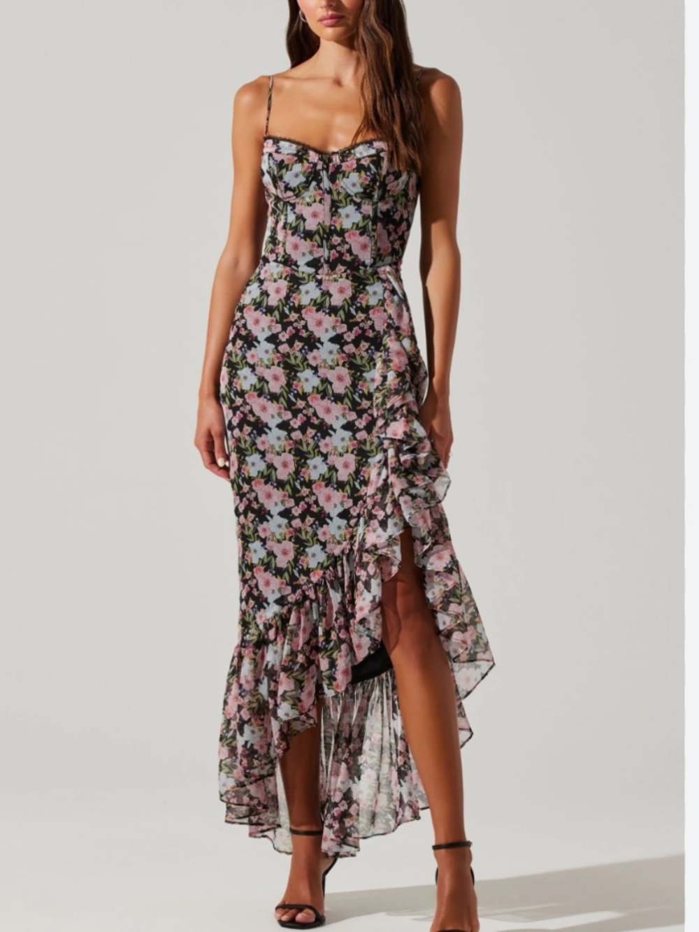ASTR The Label XS Chiffon Brisbane Asymmetrical Black Floral Midi Dress Corset